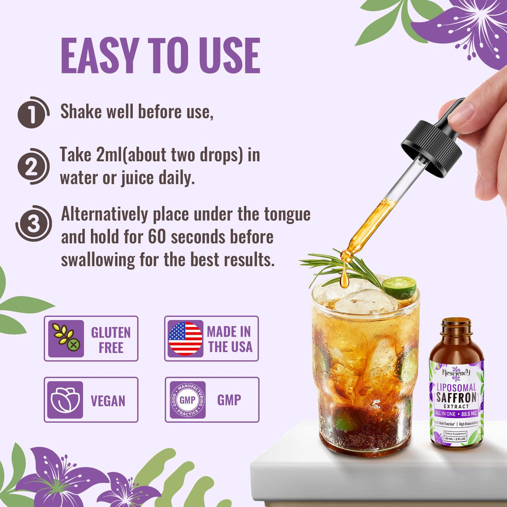 Resciency liposomal saffron drops glass with dropper ideal for controlled dosing.