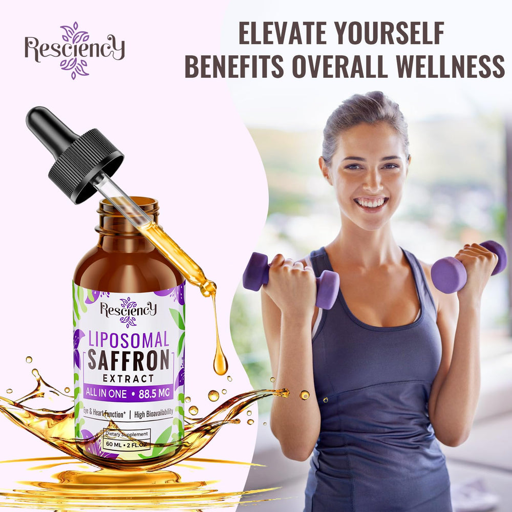 Resciency liposomal saffron drops usage scene illustrating daily ritual