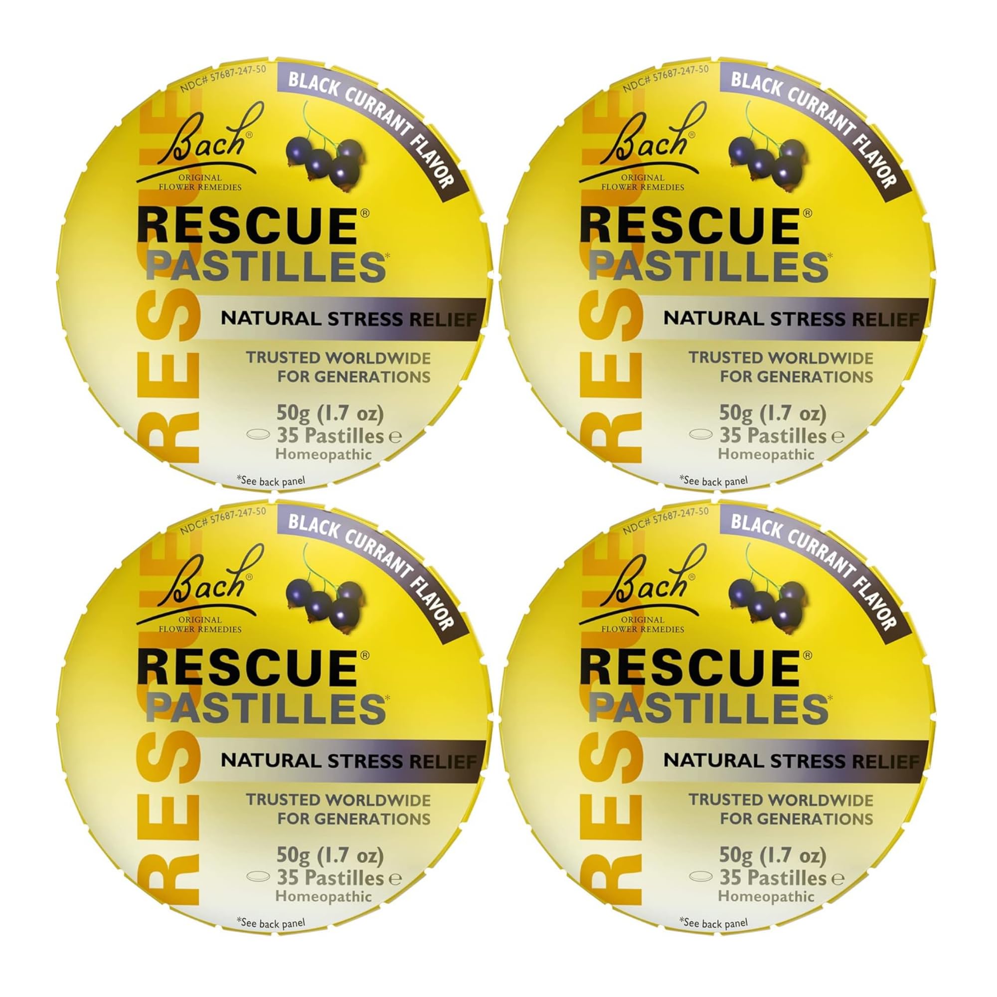 RESCUE Bach Flower Pastilles bottle close-up with black currant flavor for on-the-go calm