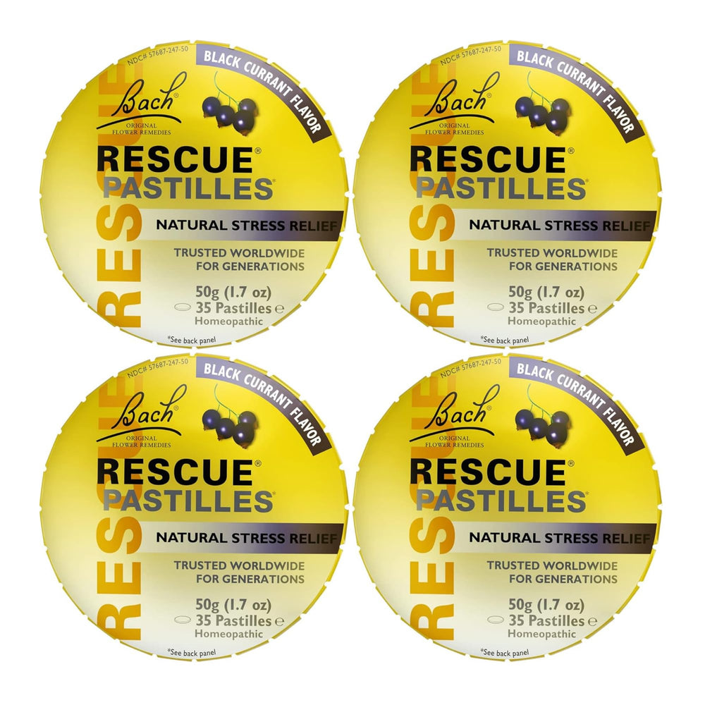 RESCUE Bach Flower Pastilles bottle close-up with black currant flavor for on-the-go calm