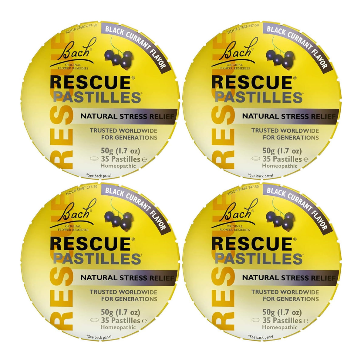 RESCUE Bach Flower Pastilles bottle close-up with black currant flavor for on-the-go calm