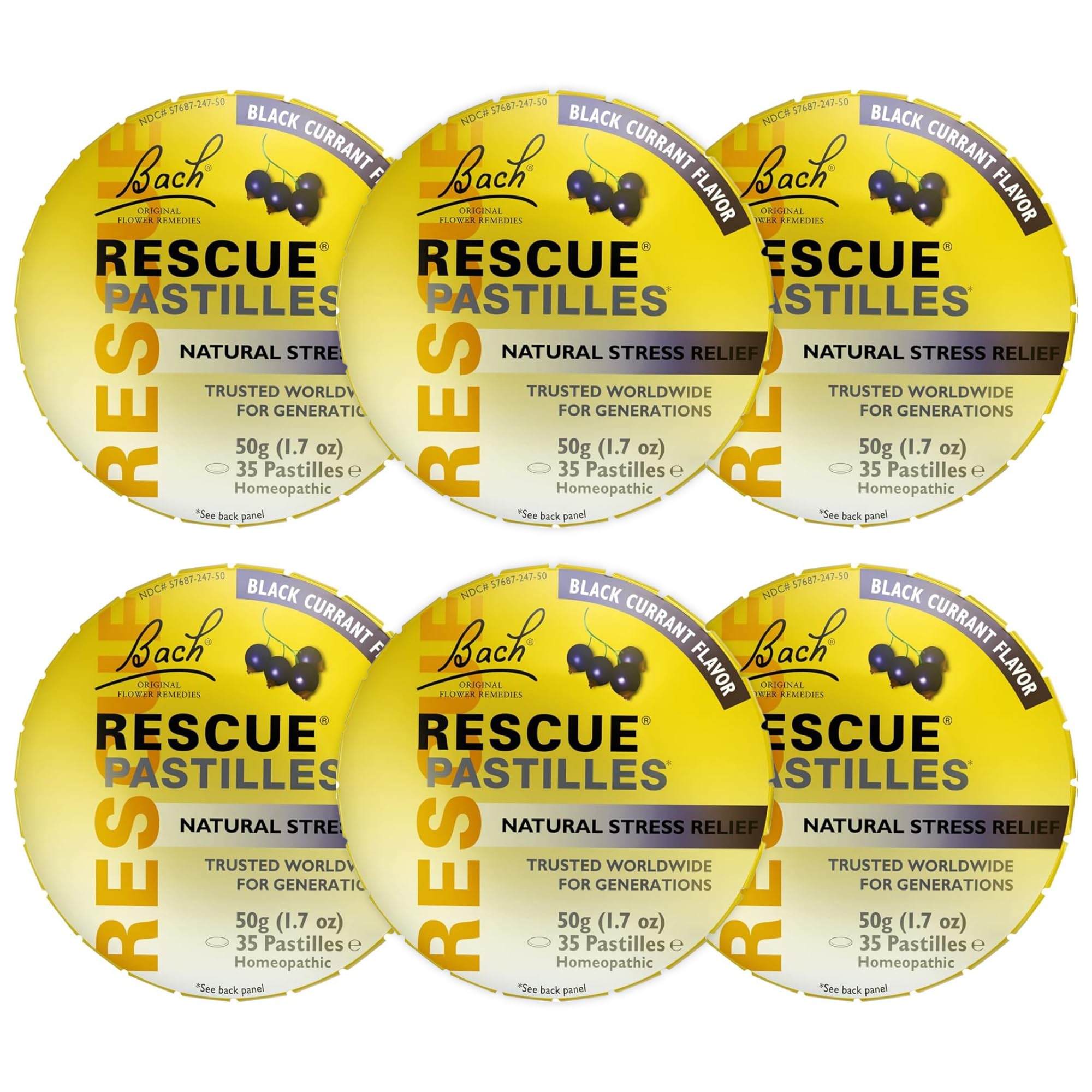 RESCUE Bach pastilles blackcurrant tin front, portable calm for busy days