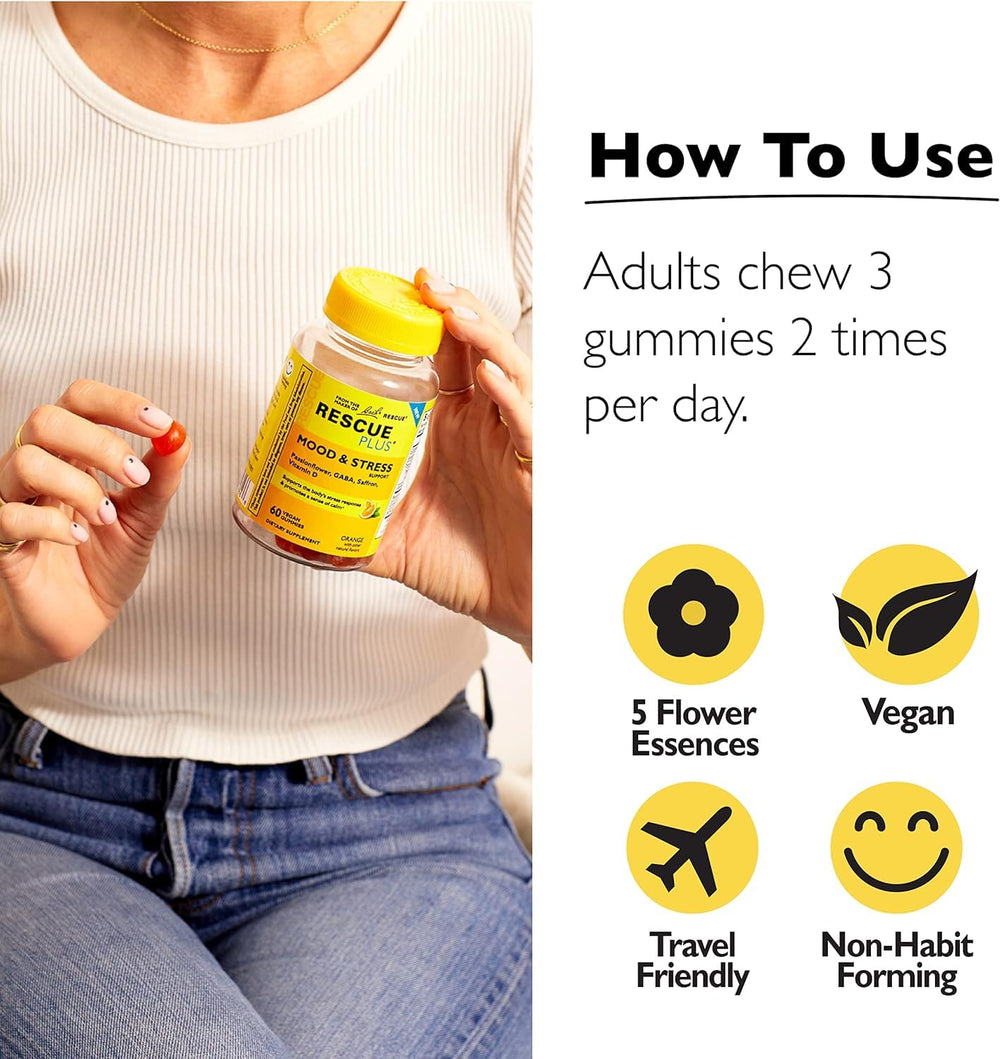 RESCUE Bach Plus Mood Gummies daily-use scene with three gummies.