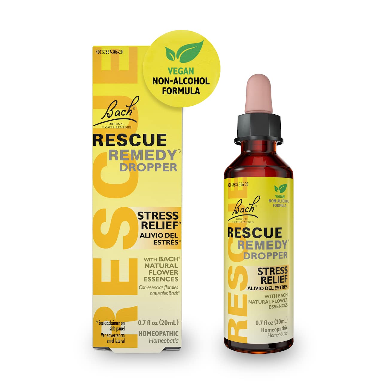 RESCUE Bach Remedy Dropper with yellow cap shown for on-the-go stress relief.