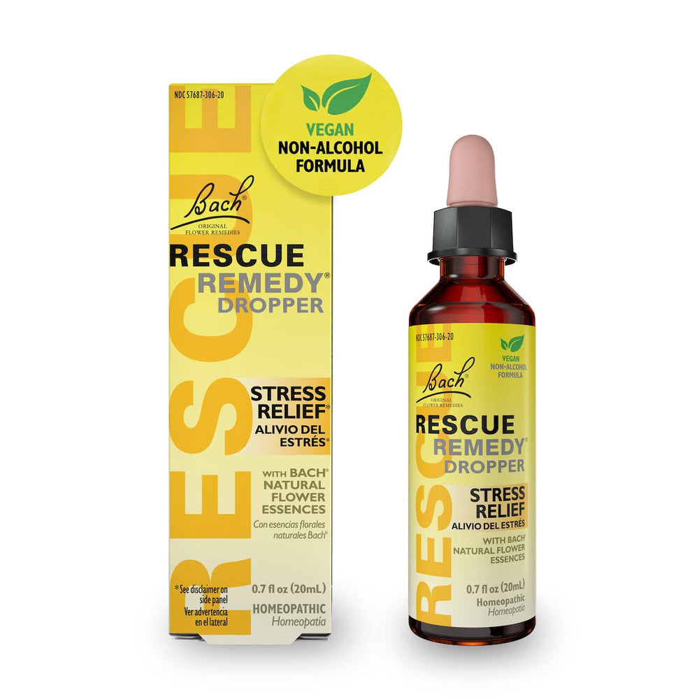 RESCUE Bach Remedy Dropper with yellow cap shown for on-the-go stress relief.