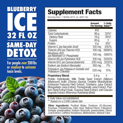 Rescue Detox ICE Blueberry bottle back view highlights ingredients and usage notes