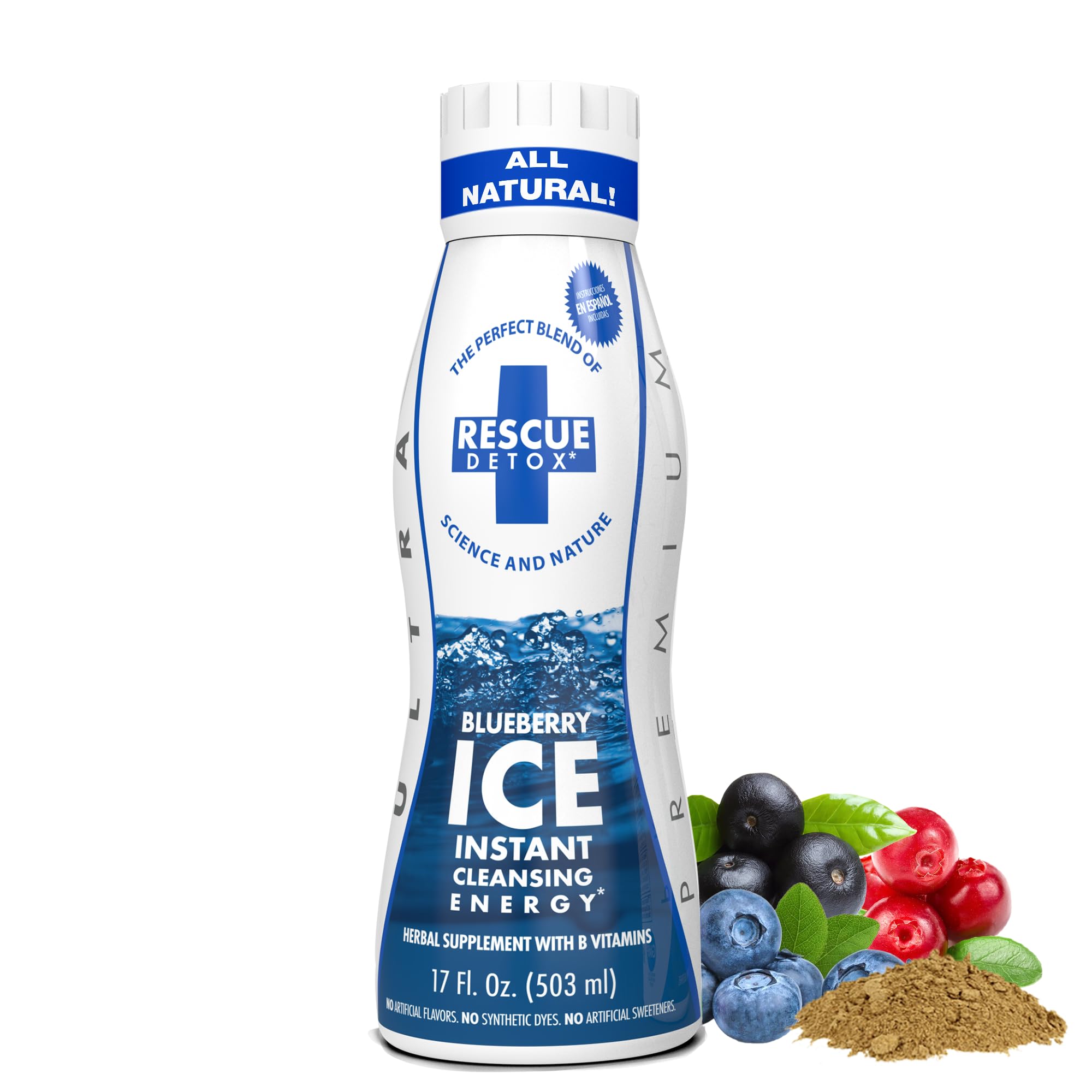 Rescue Detox ICE blueberry bottle front view ideal for higher exposure