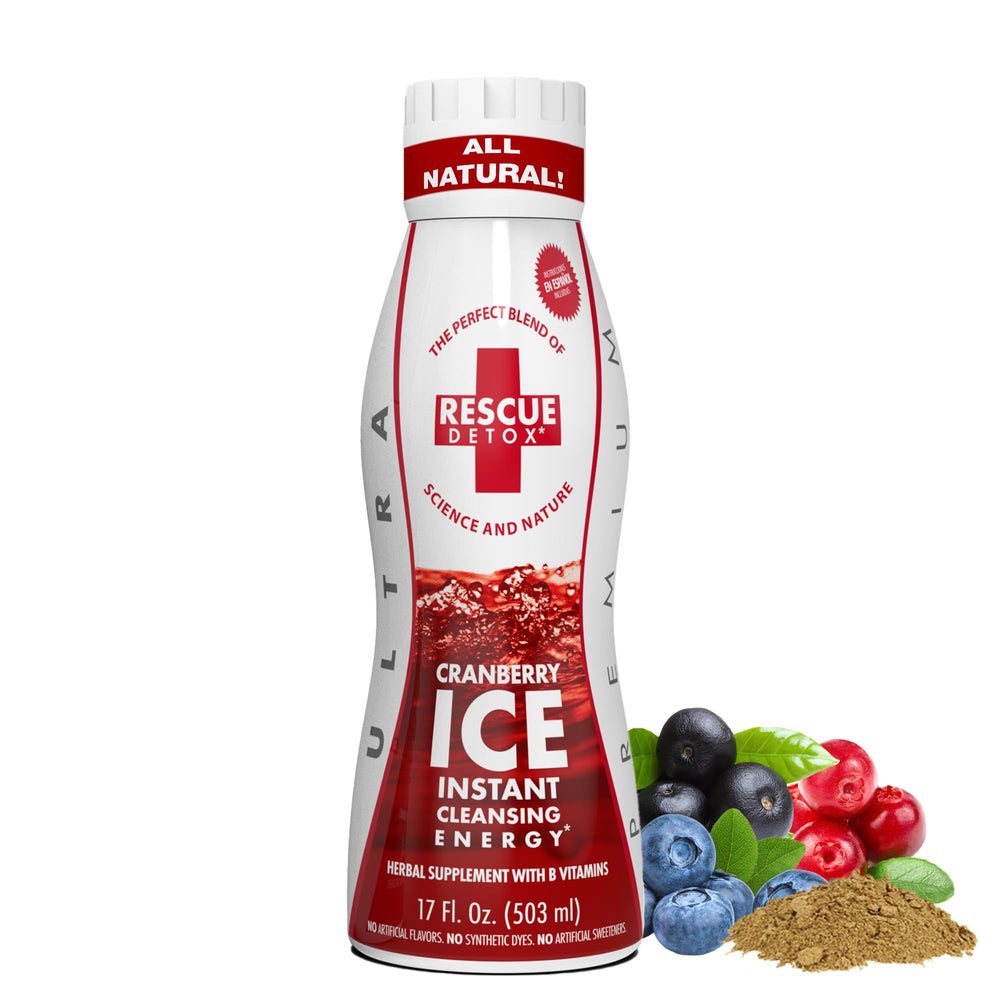Rescue Detox ICE Cranberry bottle shown for quick on the go use