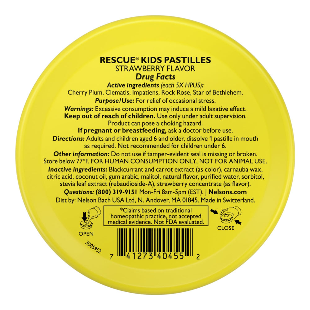RESCUE Kids Pastilles bottle highlighting a safe, plant-based calming option.