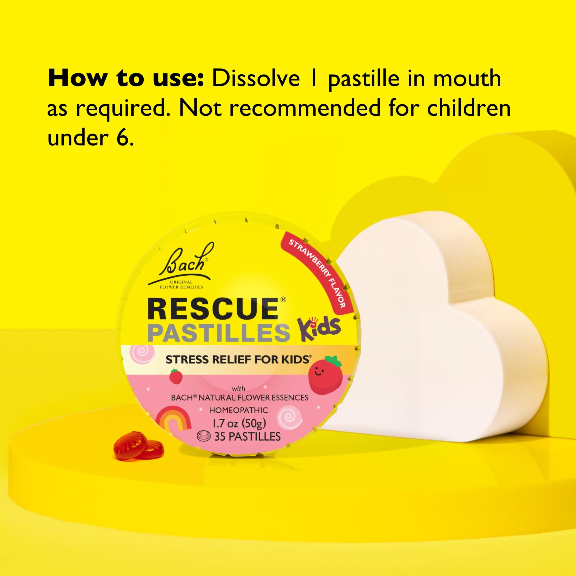 RESCUE Kids Pastilles ingredients label emphasizes vegan, homeopathic formula.