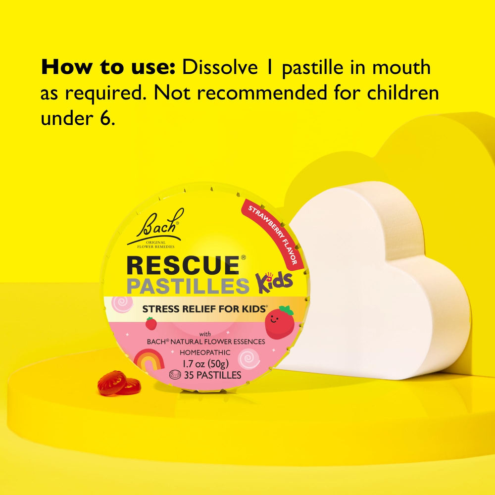 RESCUE Kids Pastilles ingredients label emphasizes vegan, homeopathic formula.
