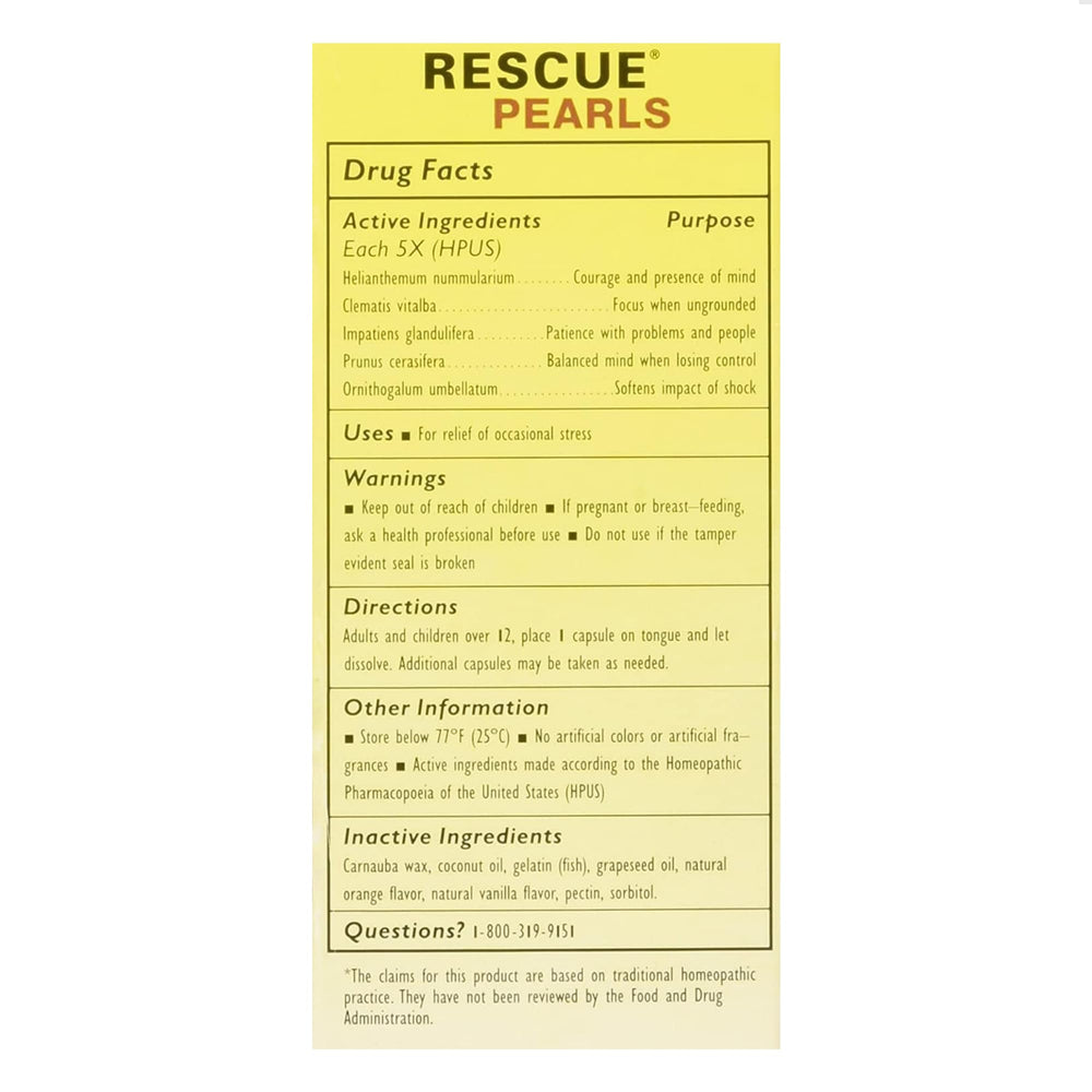 RESCUE Pearls capsules close-up highlighting dissolvable, non-habit forming formula.
