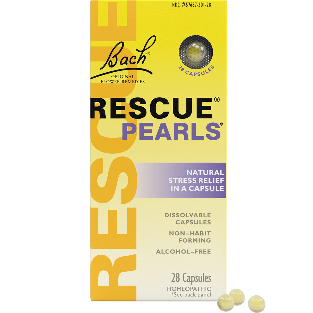 RESCUE PEARLS orange vanilla quick-dissolve capsules shown dissolving for quick stress support