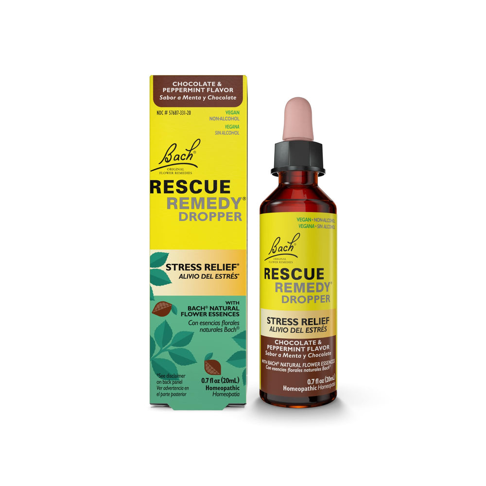 RESCUE Remedy chocolate peppermint bottle promotes calm daily stress relief.