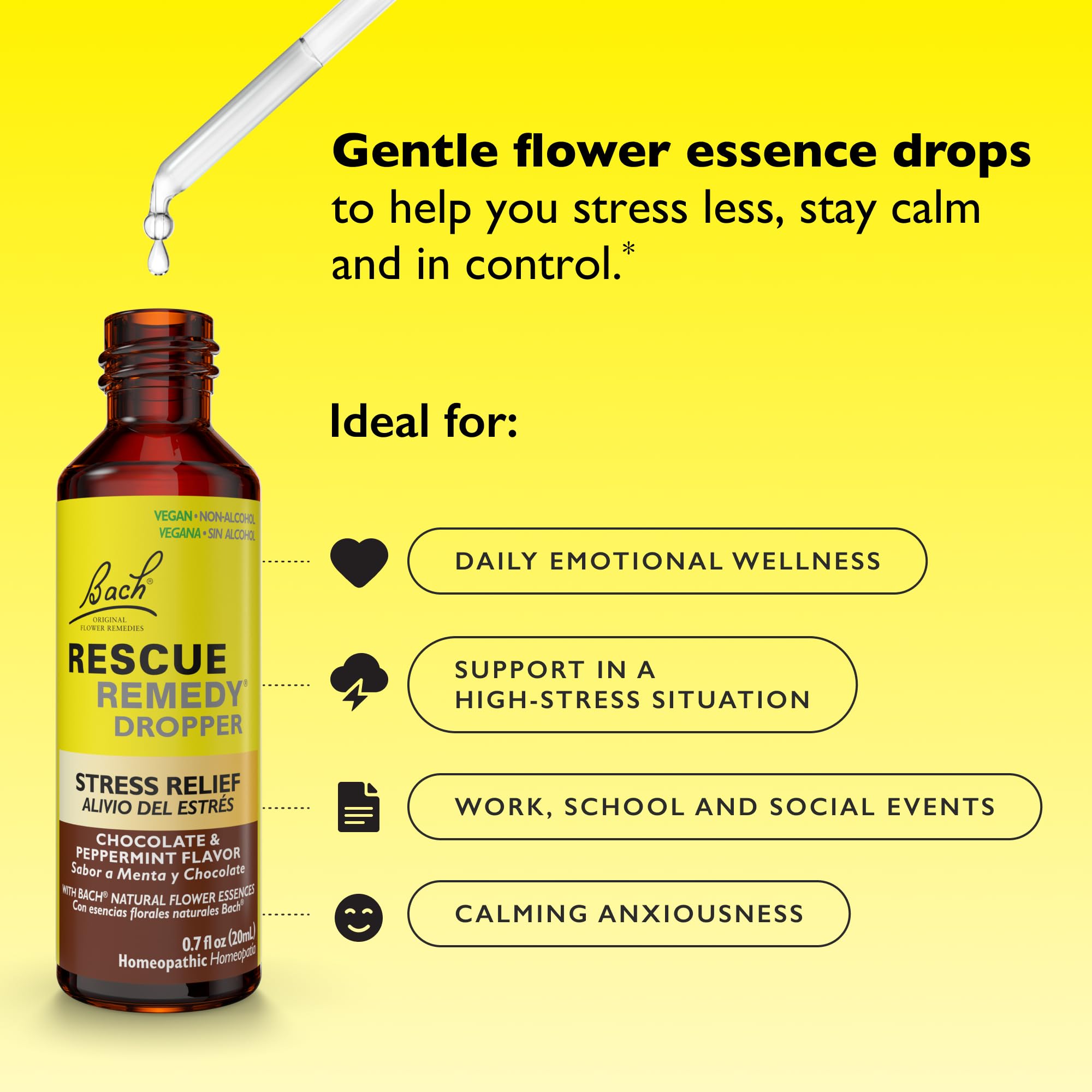 RESCUE Remedy label highlights 5 flower essences used.