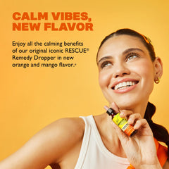 RESCUE Remedy orange mango bottle pour demonstrates easy use for on-the-go calm