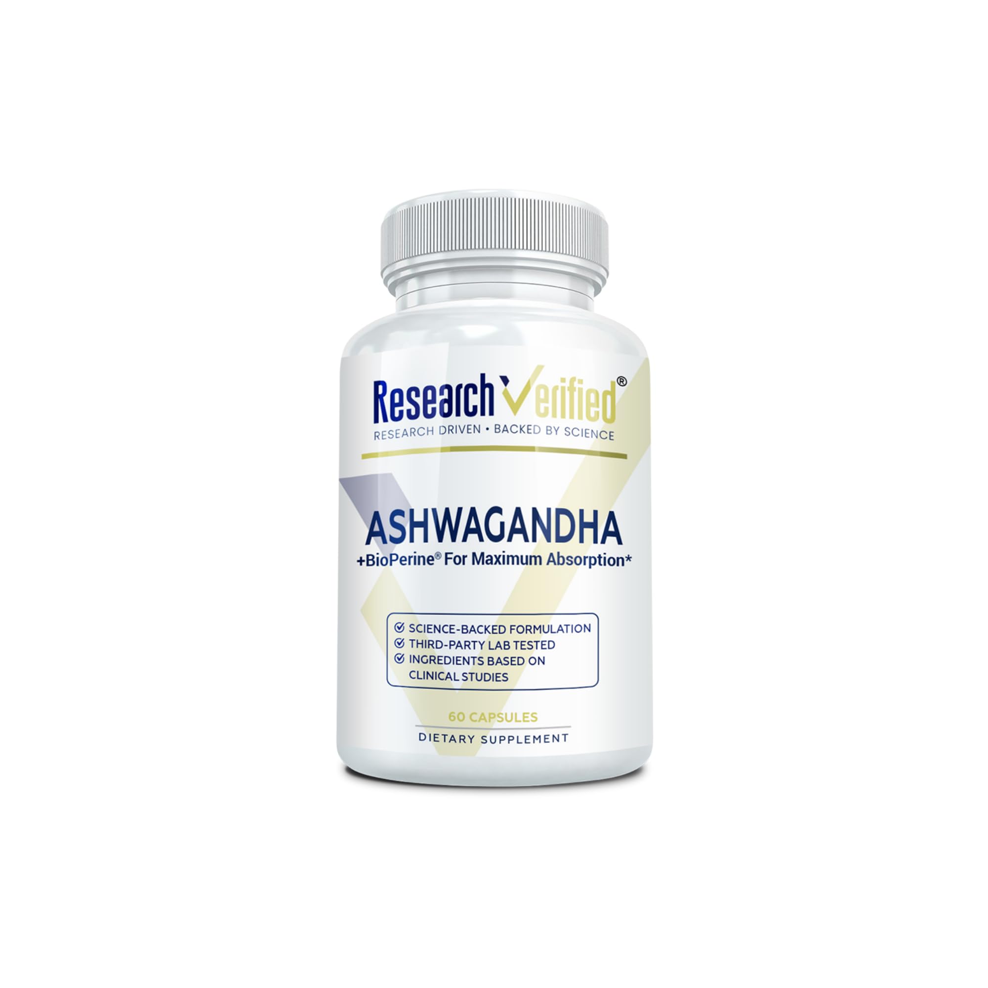 Research Verified Ashwagandha supplement bottle for daily cognitive support.
