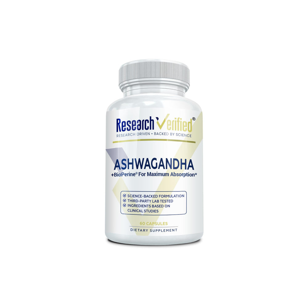 Research Verified Ashwagandha supplement bottle for daily cognitive support.