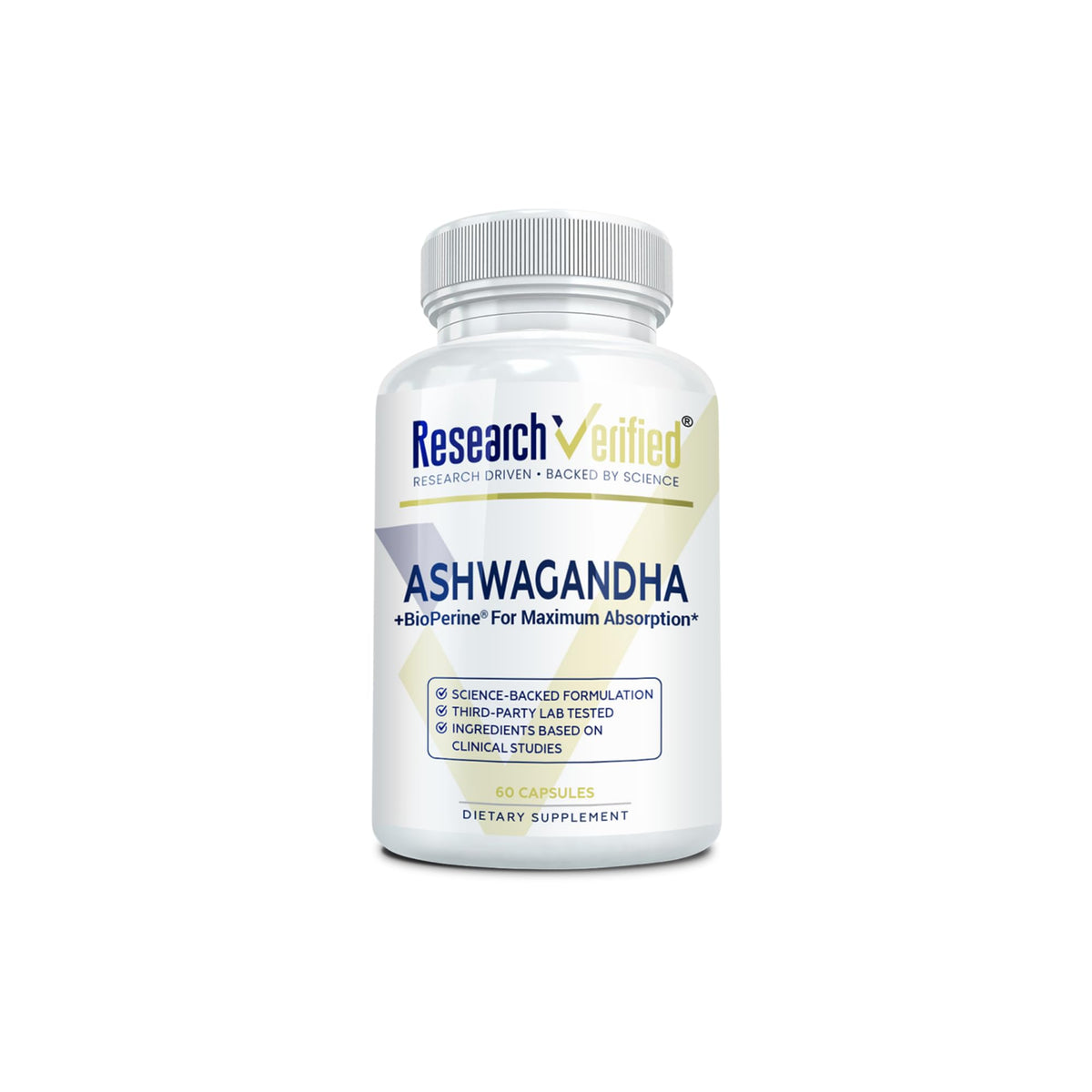 Research Verified Ashwagandha supplement bottle for daily cognitive support.