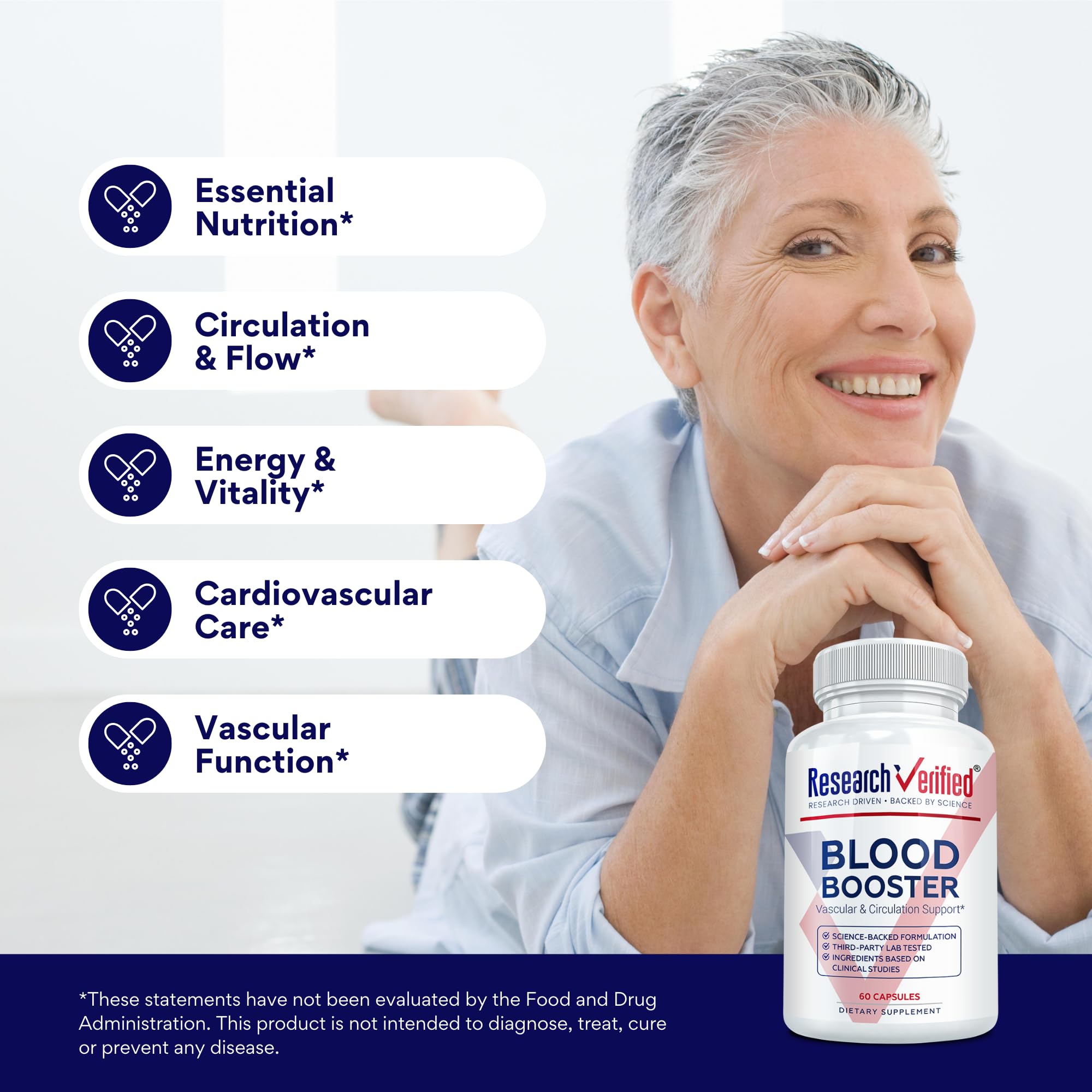 Research Verified Blood Booster bottle pour pictured for simple dosing routine.