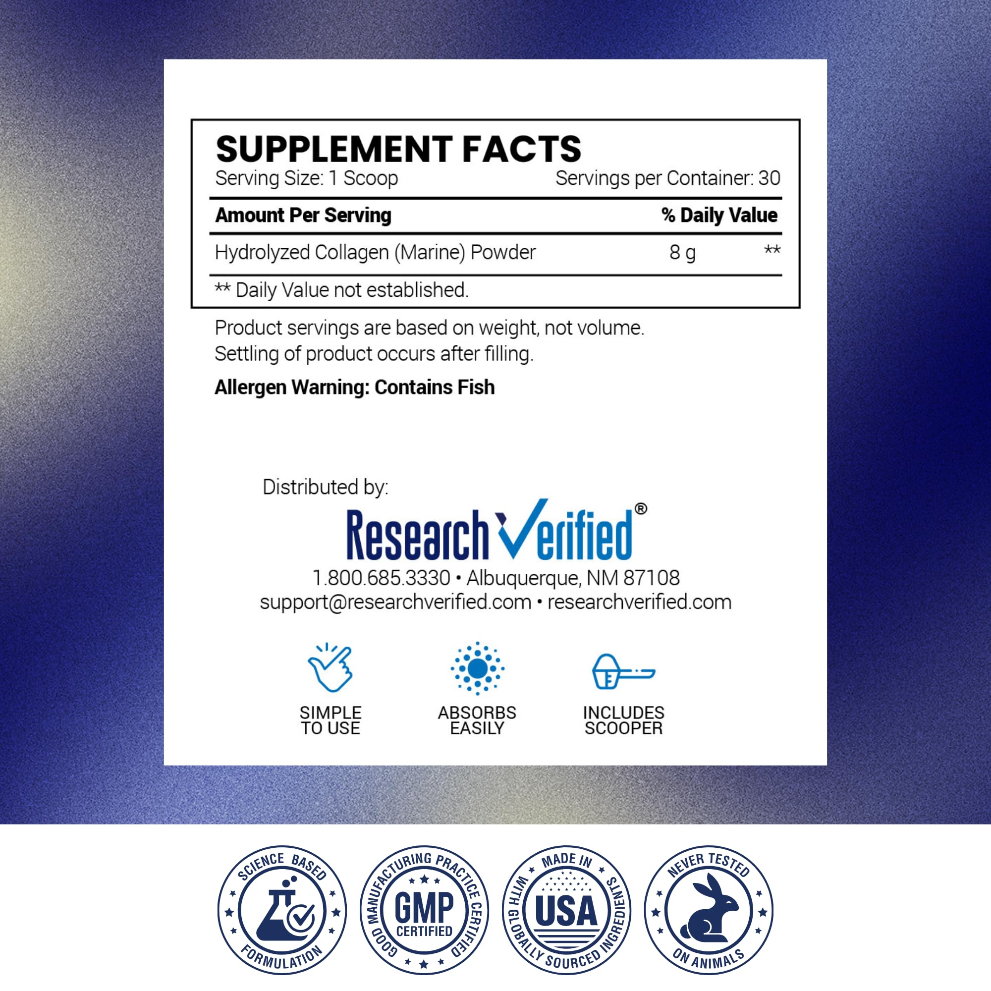 Research Verified Collagen Powder cruelty-free and third-party tested emblem
