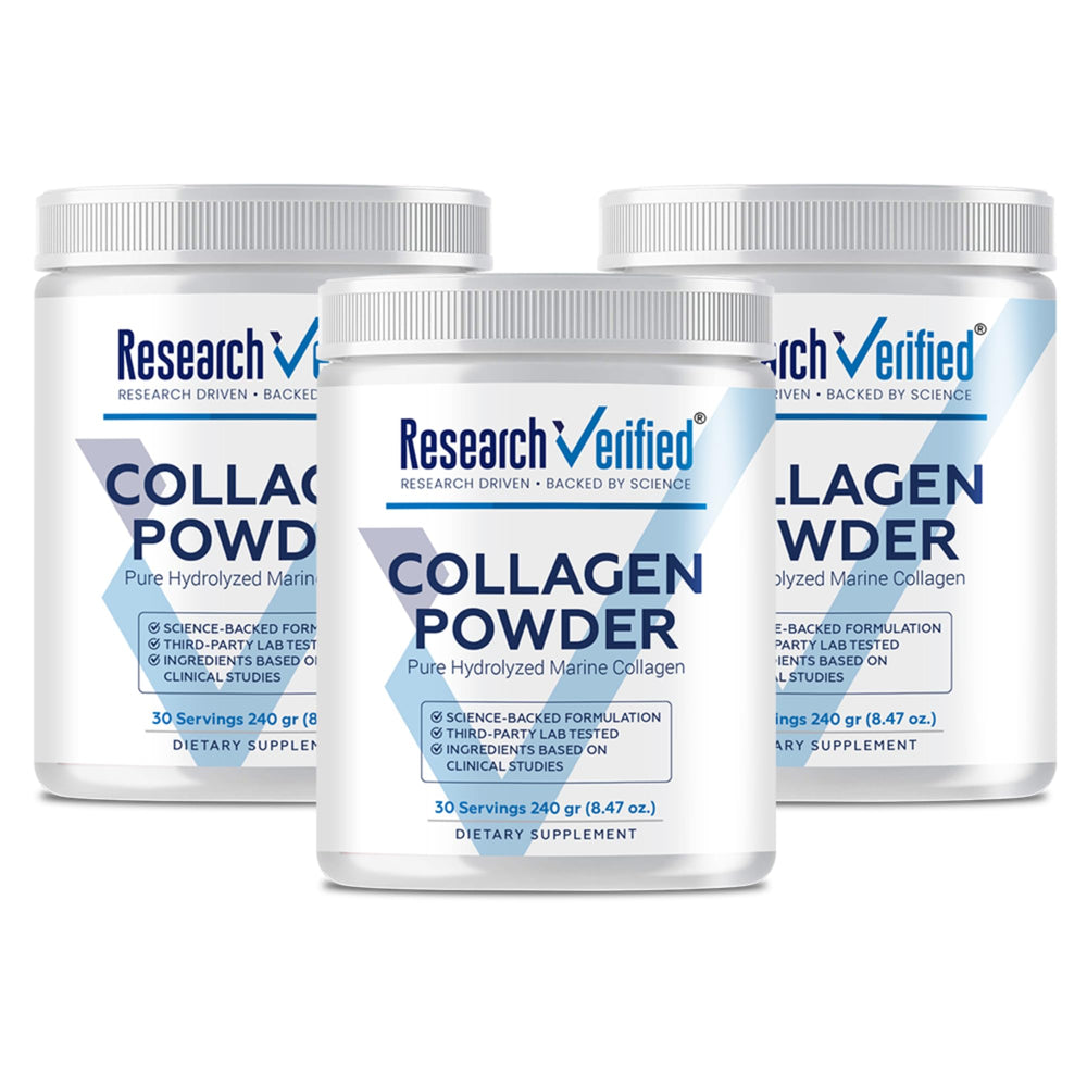 Research Verified Collagen Powder bottle front shows hydrolyzed marine peptides for skin hydration