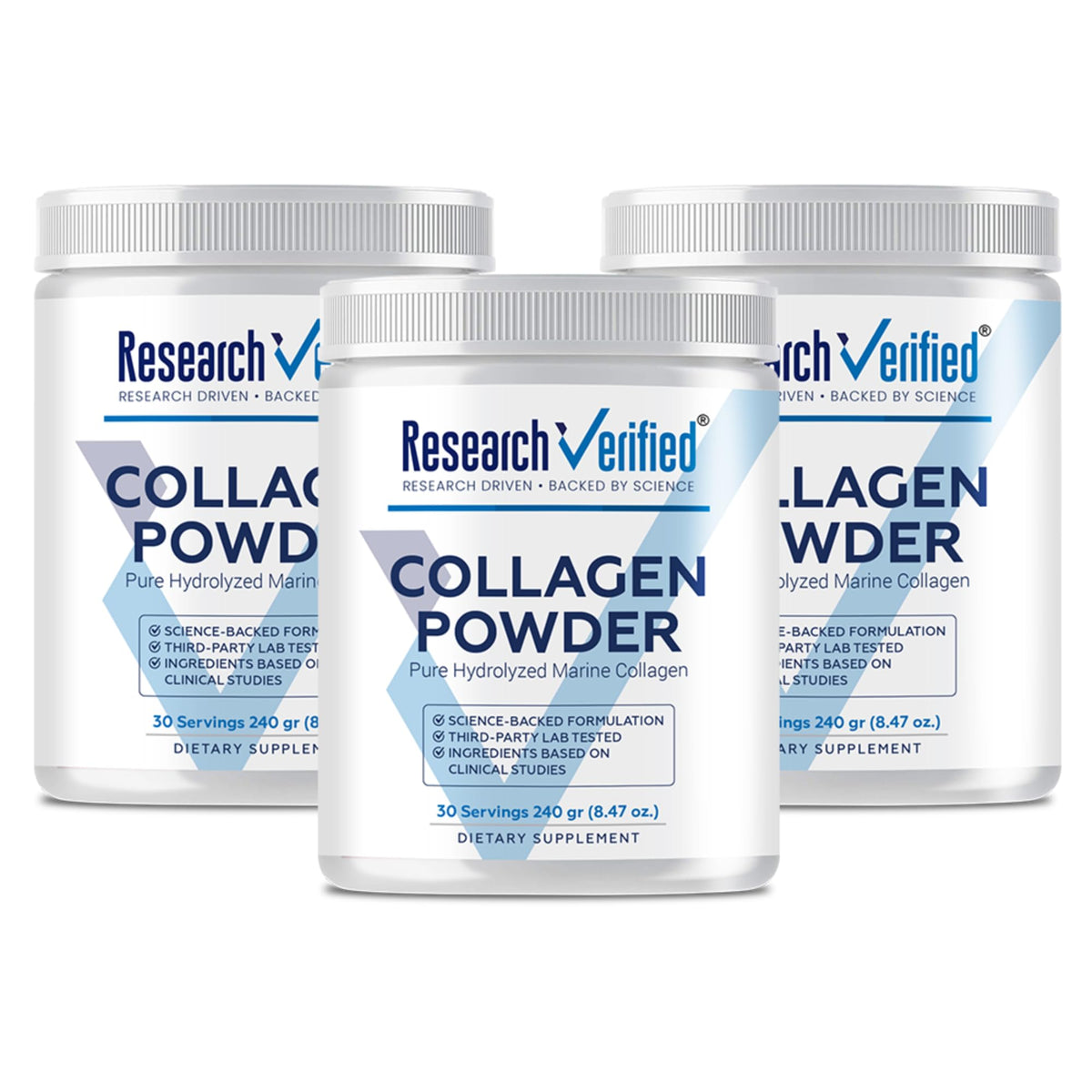 Research Verified Collagen Powder bottle front shows hydrolyzed marine peptides for skin hydration