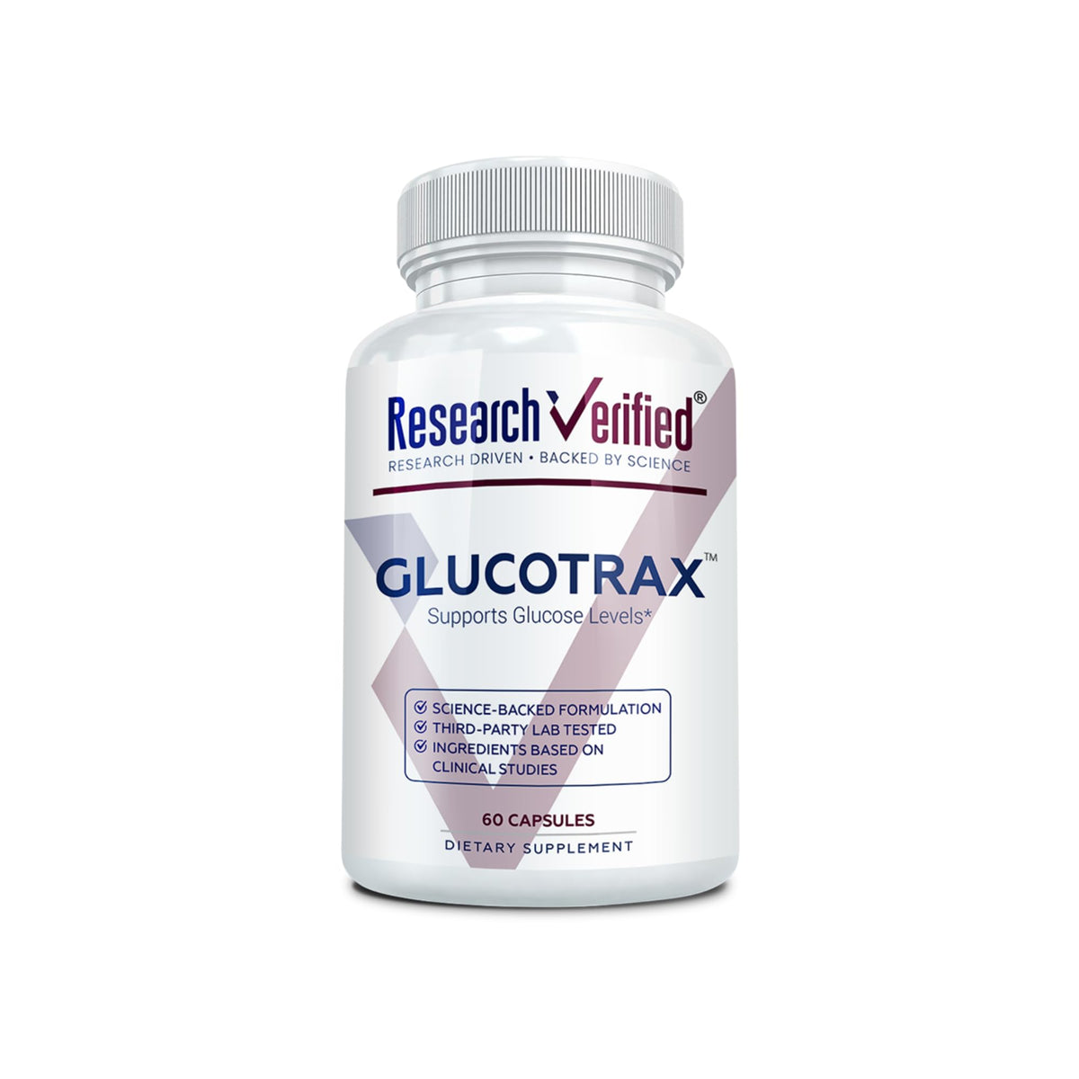 Research Verified Glucotrax bottle with capsules for daily balance