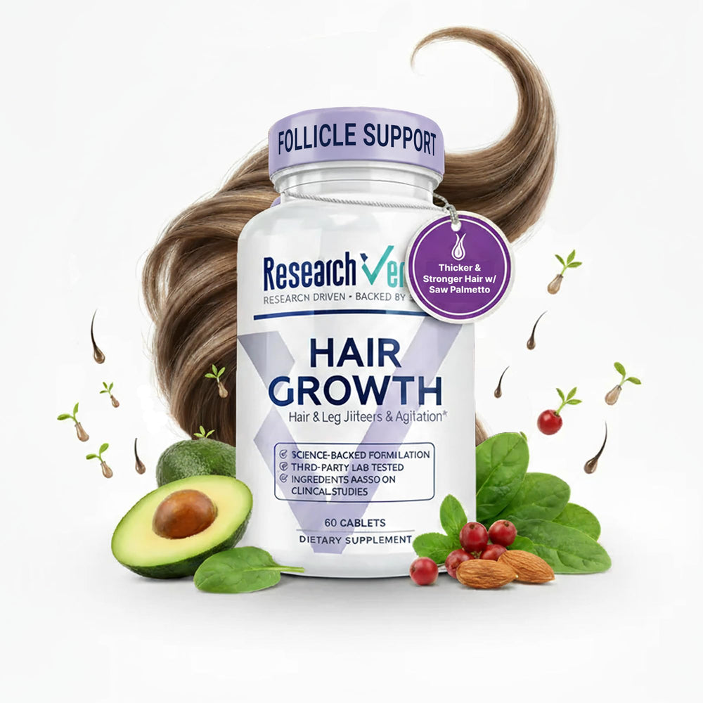 Research Verified Hair Growth Support bottle closeup may support hair vitality.