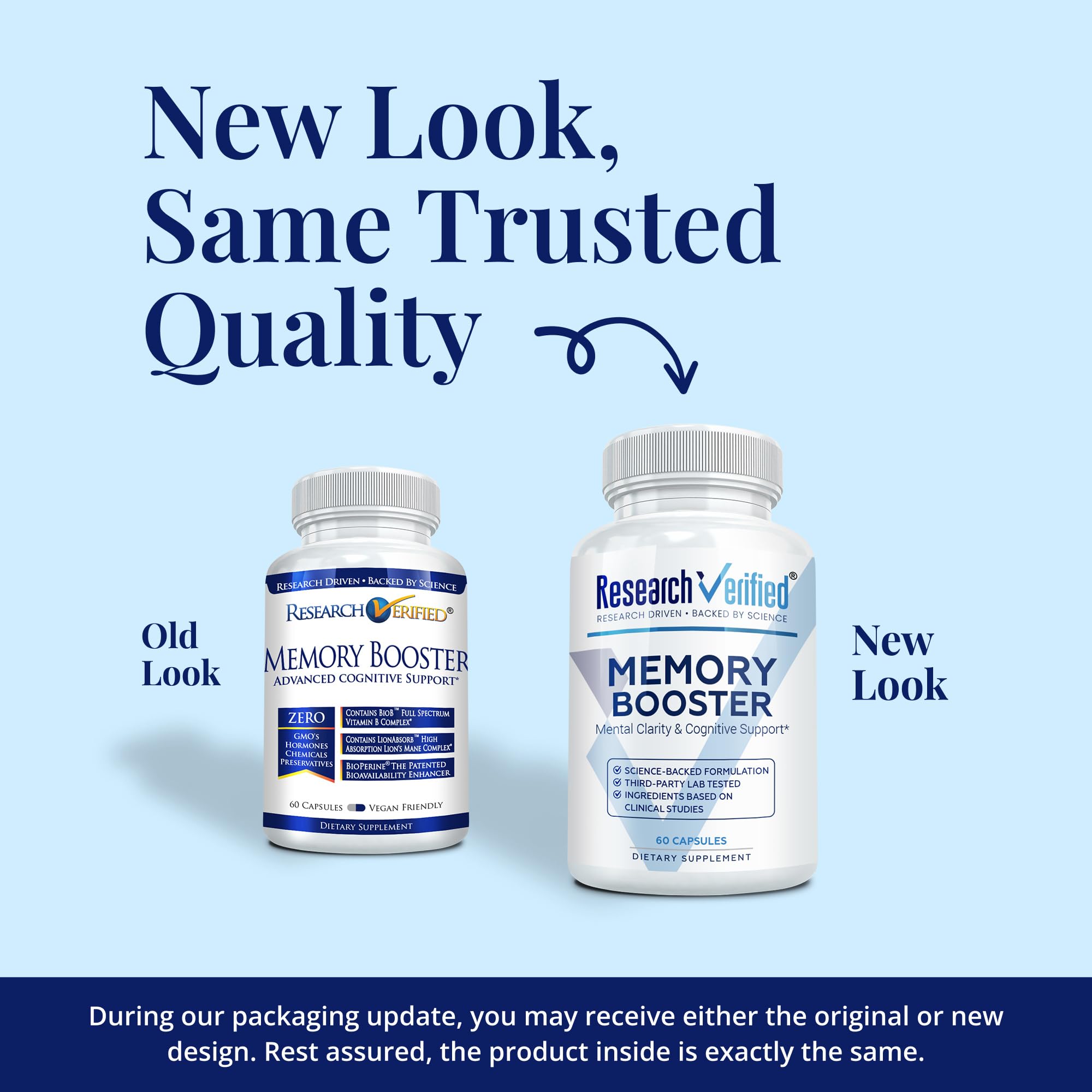 Research Verified Memory Booster bottle back view with ingredient highlights for cognition
