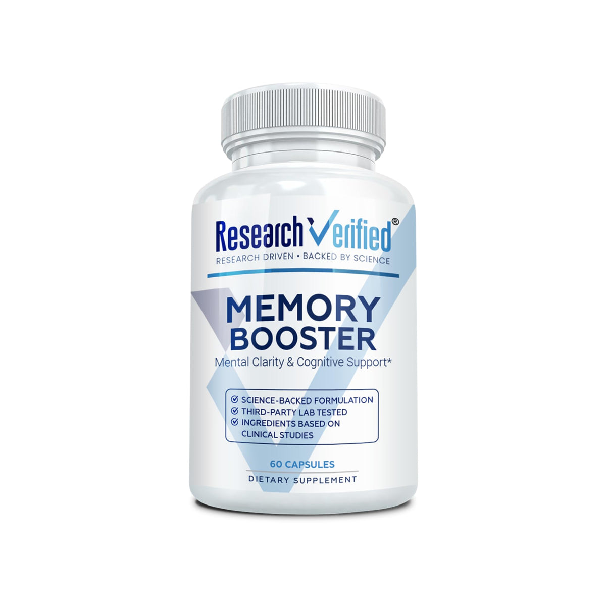 Research Verified Memory Booster Lions Mane capsules on a bottle for daily cognitive support
