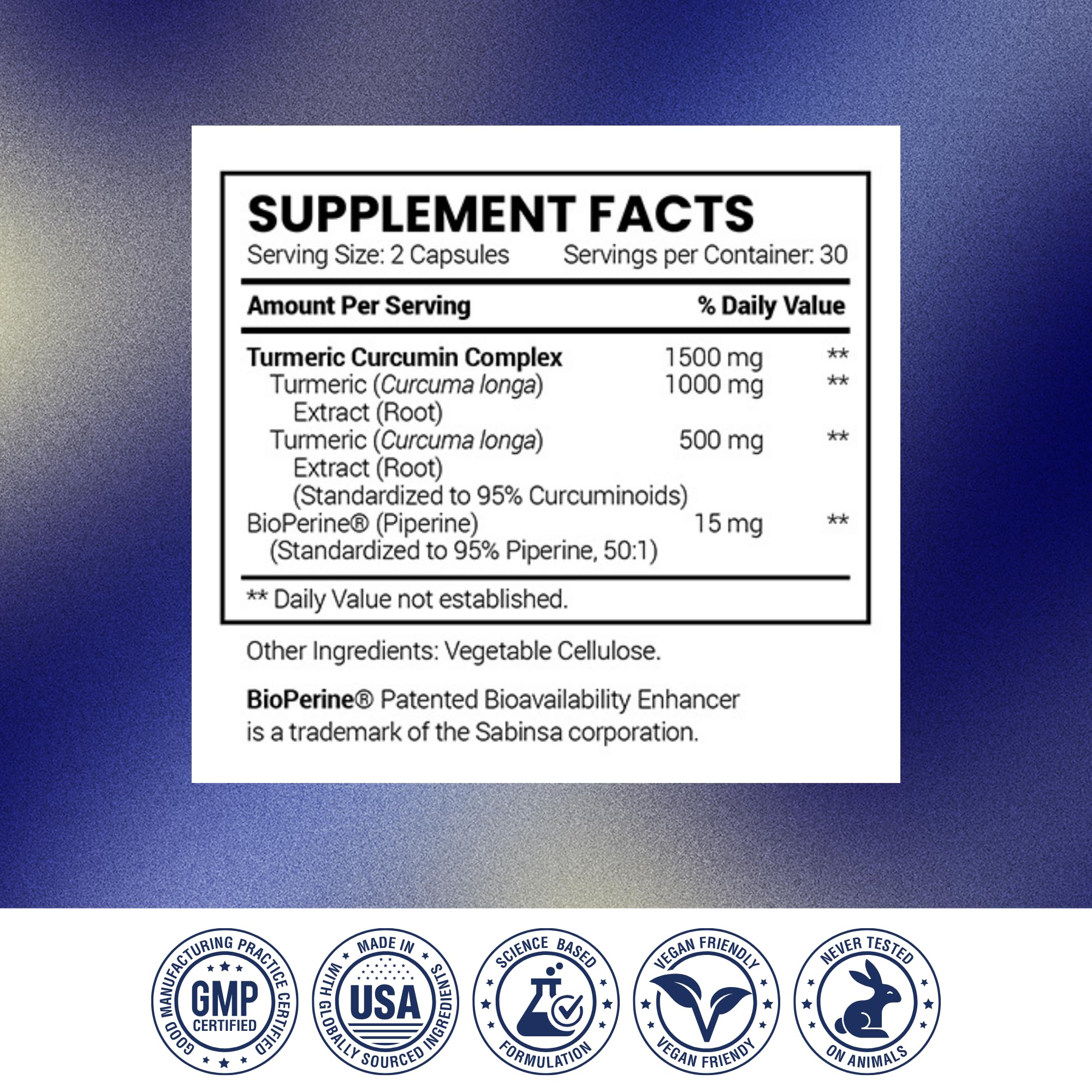 Research Verified Turmeric Curcumin close-up highlights vegan capsules.