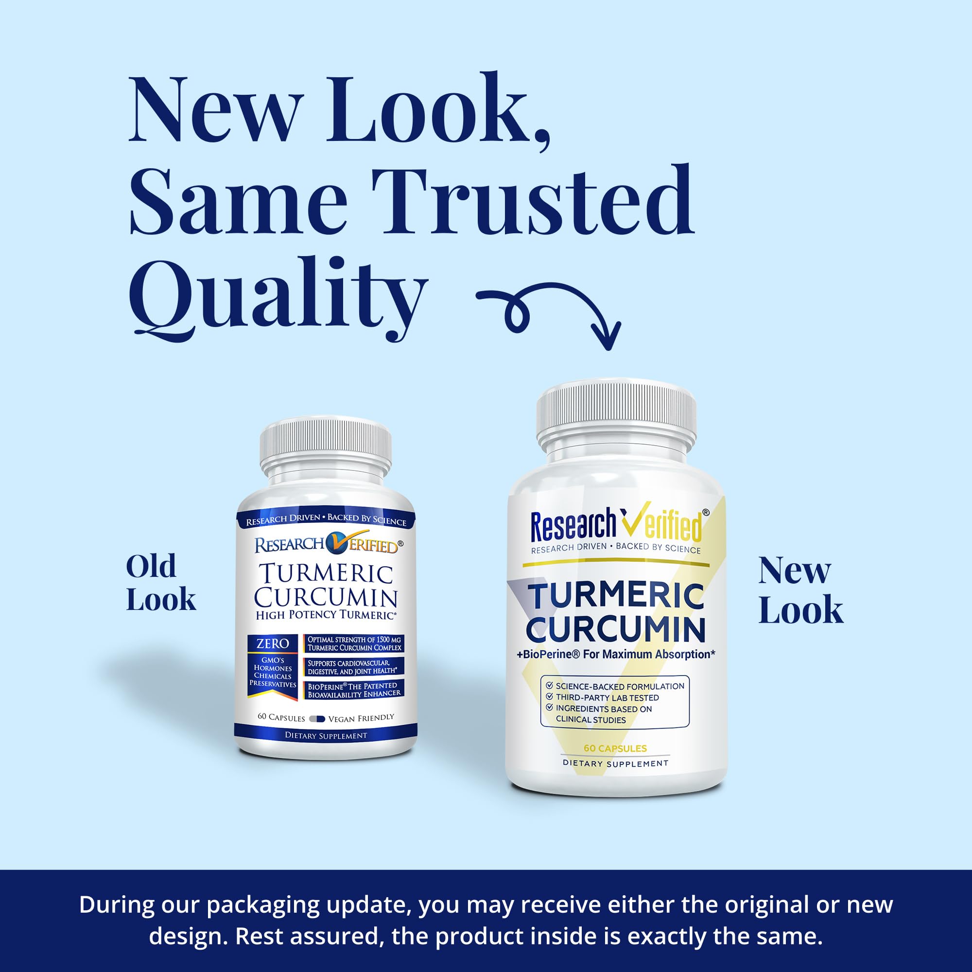 Research Verified Turmeric Curcumin label front shows ingredients and potency.