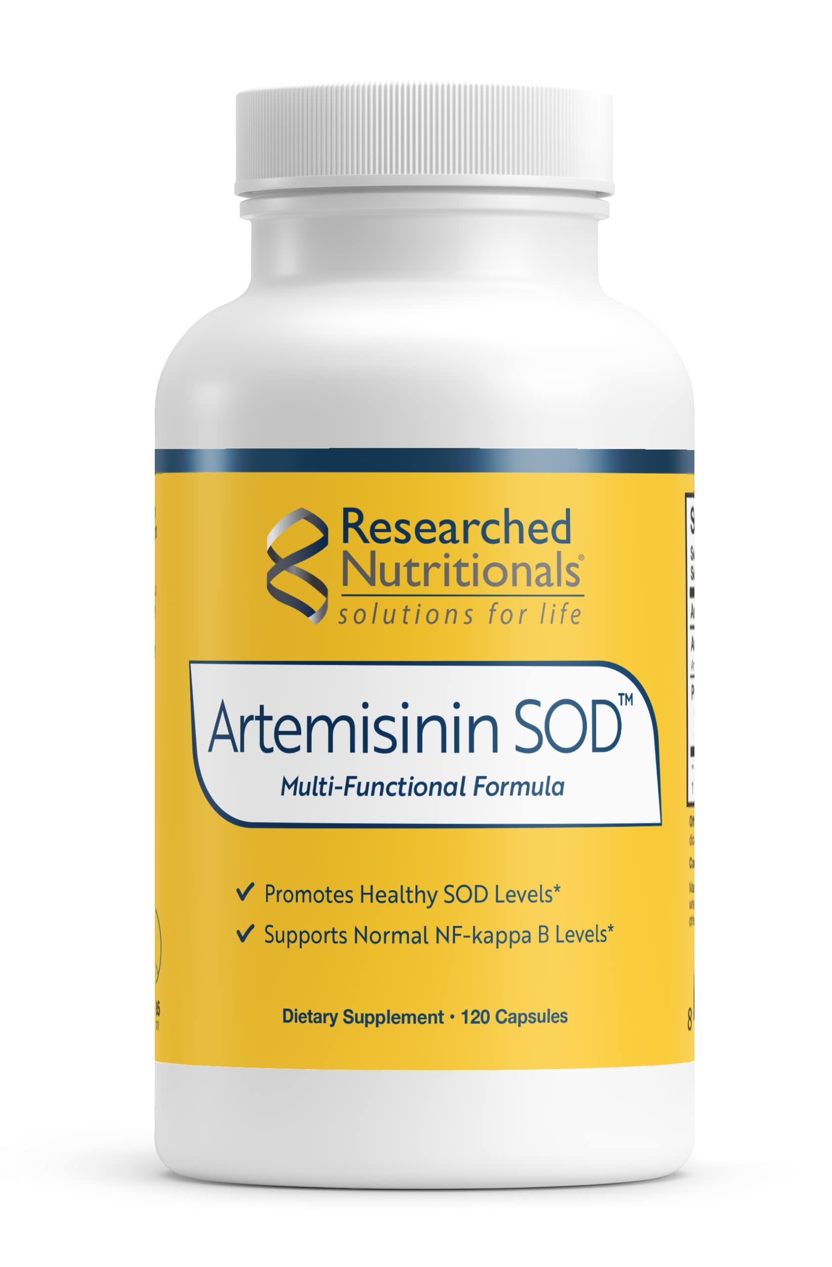 Researched Nutritionals Artemisinin SOD bottle with capsules for wellness exploration.