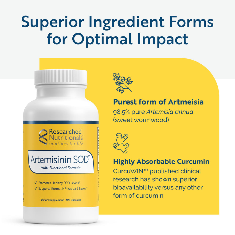 Researched Nutritionals Artemisinin SOD with green tea extract component on display.