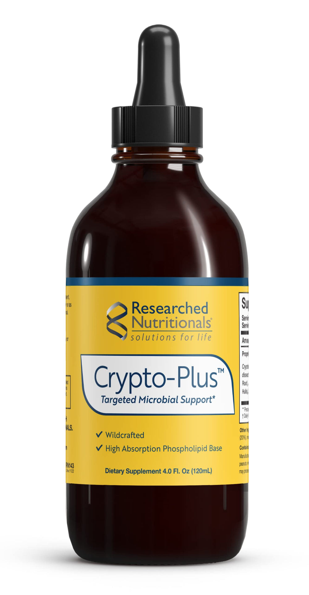 Researched Nutritionals Crypto-Plus bottle front view with red root and black walnut for herbal support.