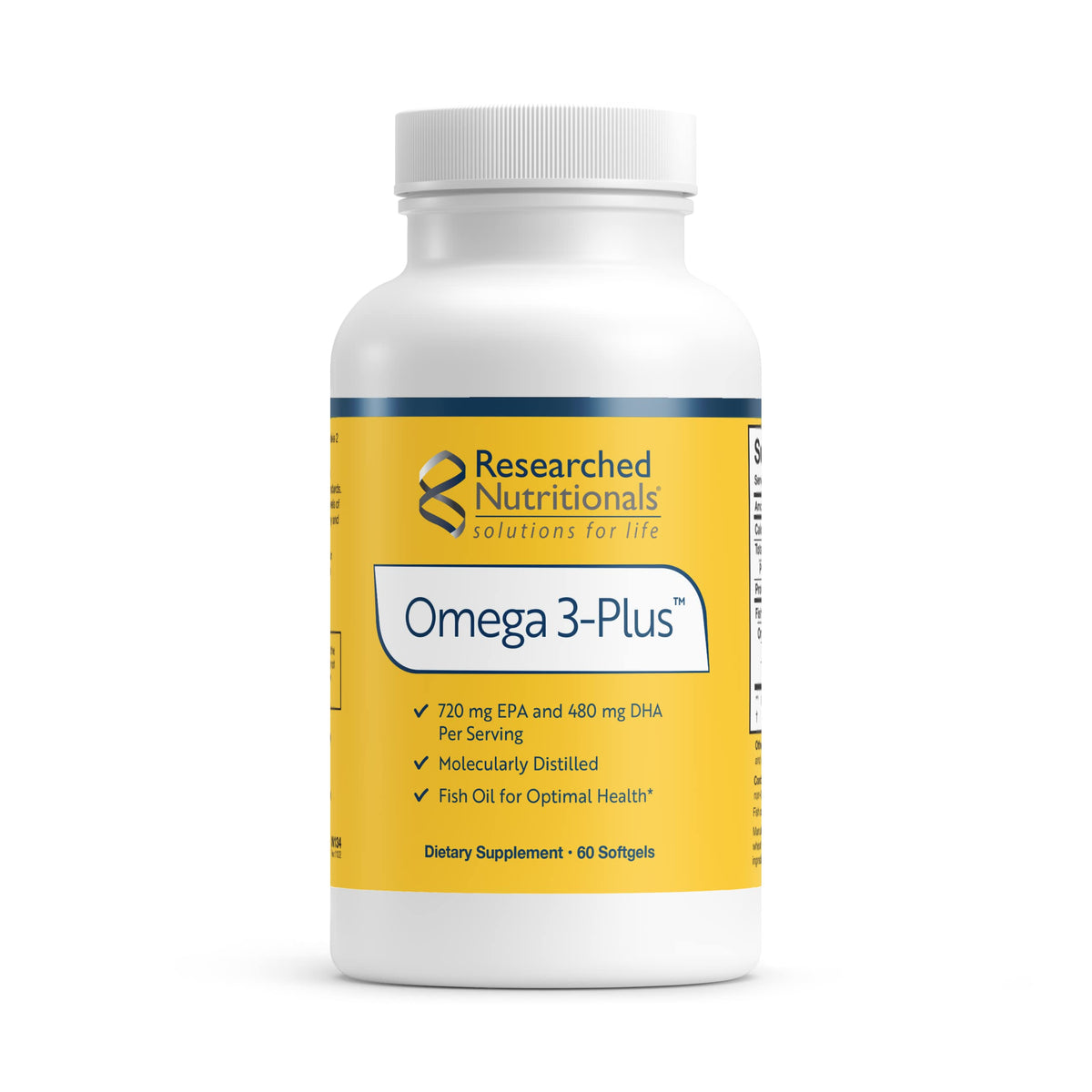 Researched Nutritionals Omega3 Plus bottle showing the purity-focused design and dosage information