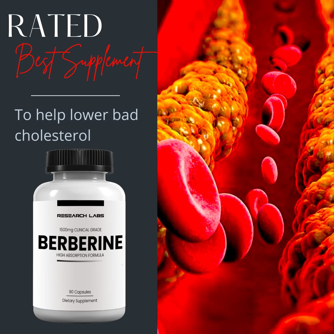Research Labs berberine packaging box showcases GMP-certified production and vegan status.