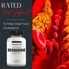 Research Labs berberine packaging box showcases GMP-certified production and vegan status.