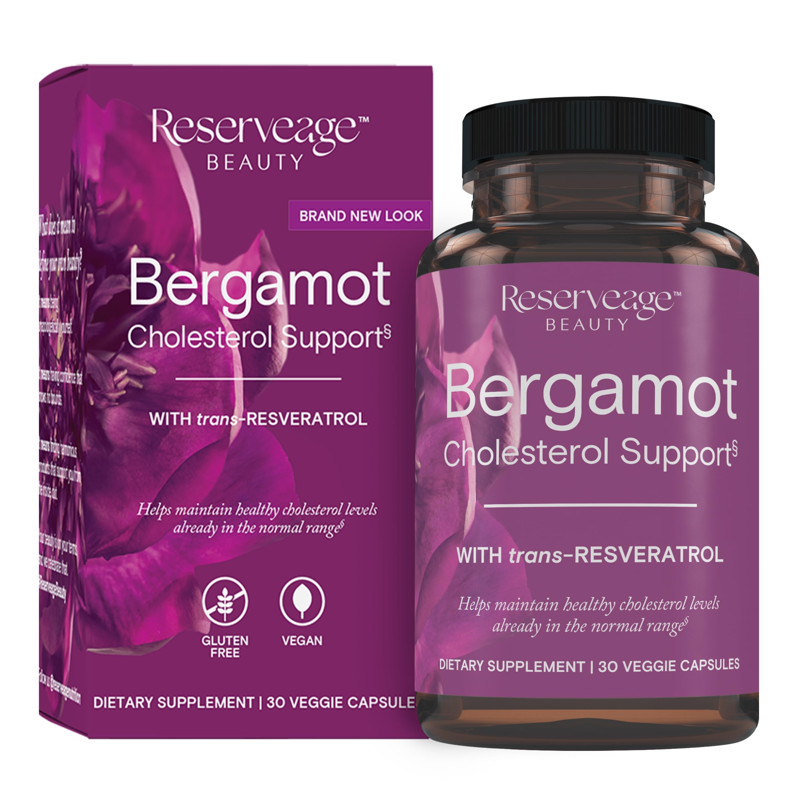Reserveage Beauty Bergamot Cholesterol Support bottle promotes daily cardiovascular balance.