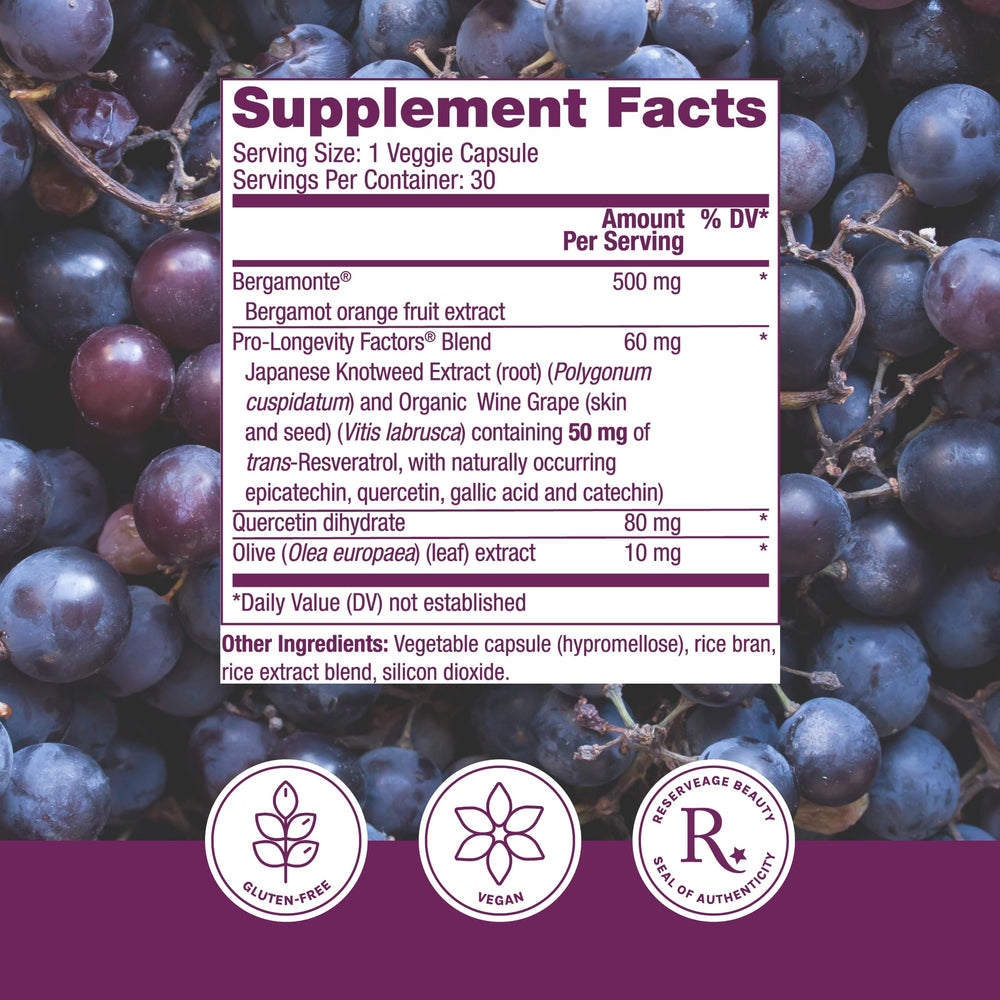 Reserveage Beauty Bergamot Cholesterol Support capsules for heart-friendly antioxidant support.