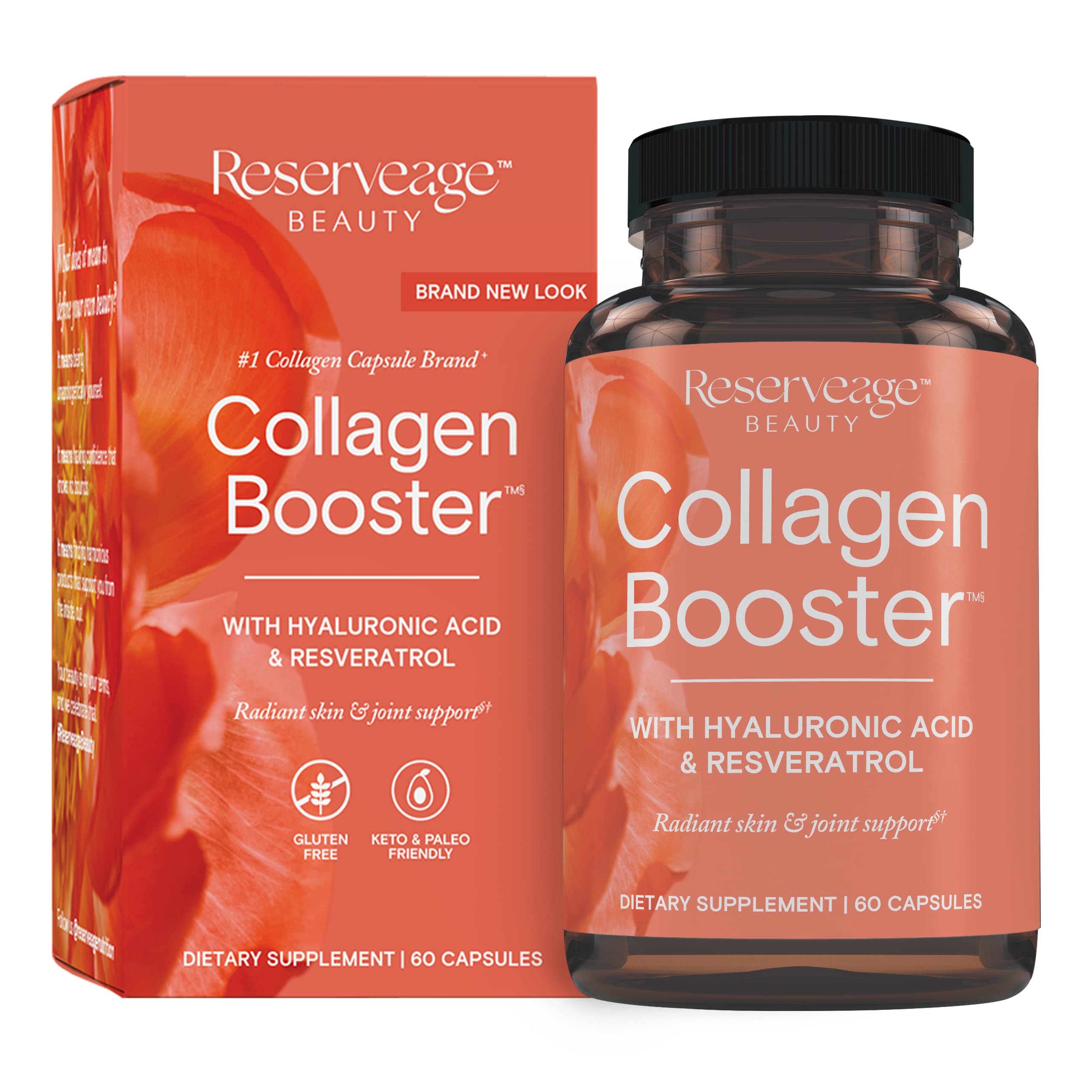 Reserveage Beauty Collagen Booster bottle close-up supports radiant skin