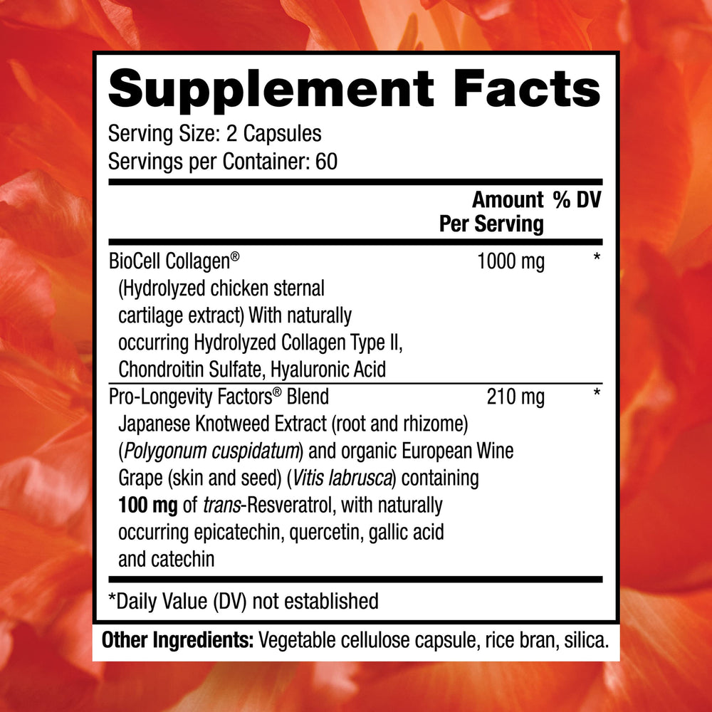 Reserveage Beauty Collagen Booster capsules spilling from the bottle indicate easy daily use.