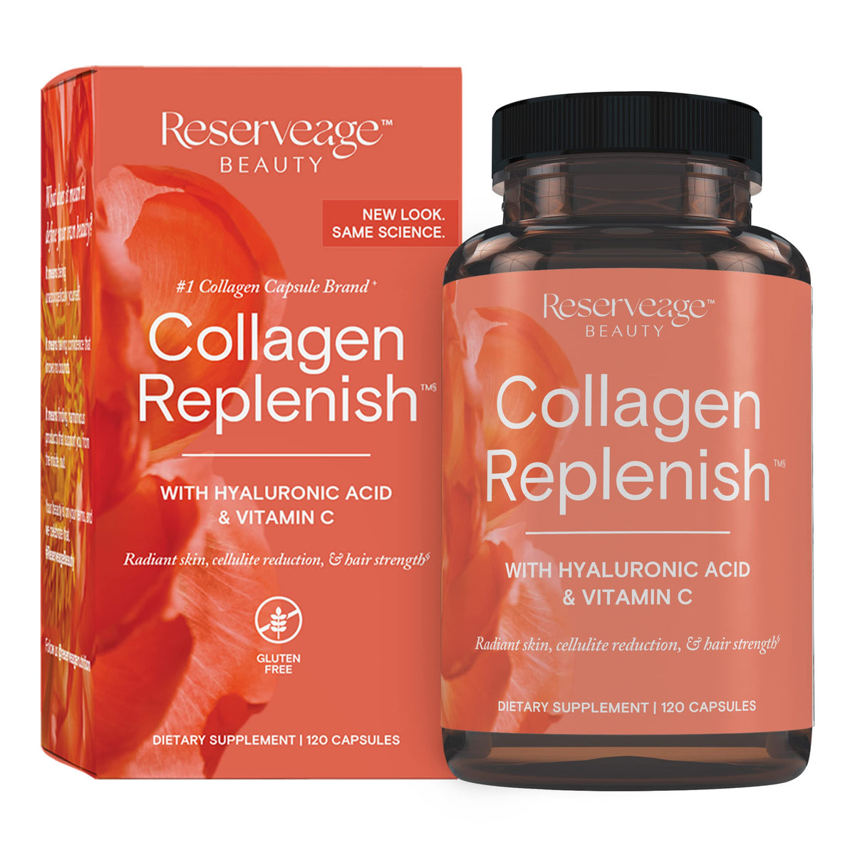 Reserveage Beauty Collagen Replenish bottle close-up for radiant skin