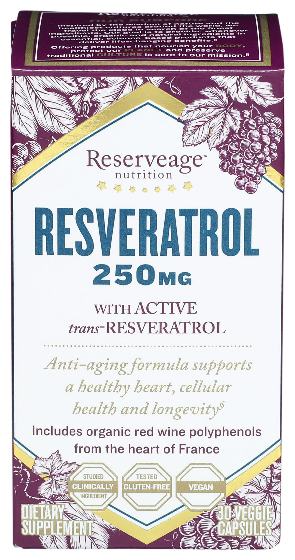 Reserveage Beauty Resveratrol bottle—antioxidant supplement for heart support and immune health.