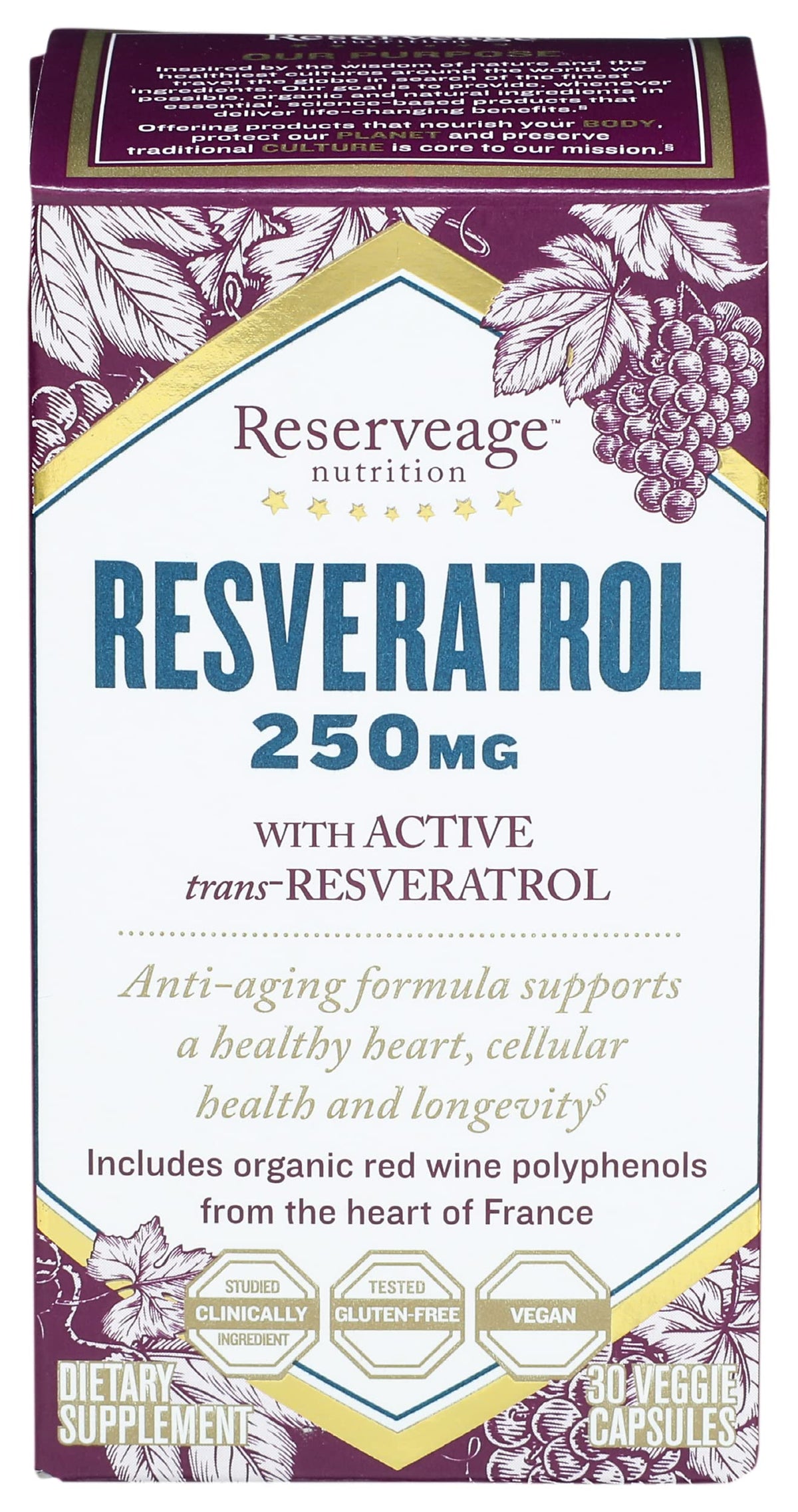 Reserveage Beauty Resveratrol bottle—antioxidant supplement for heart support and immune health.