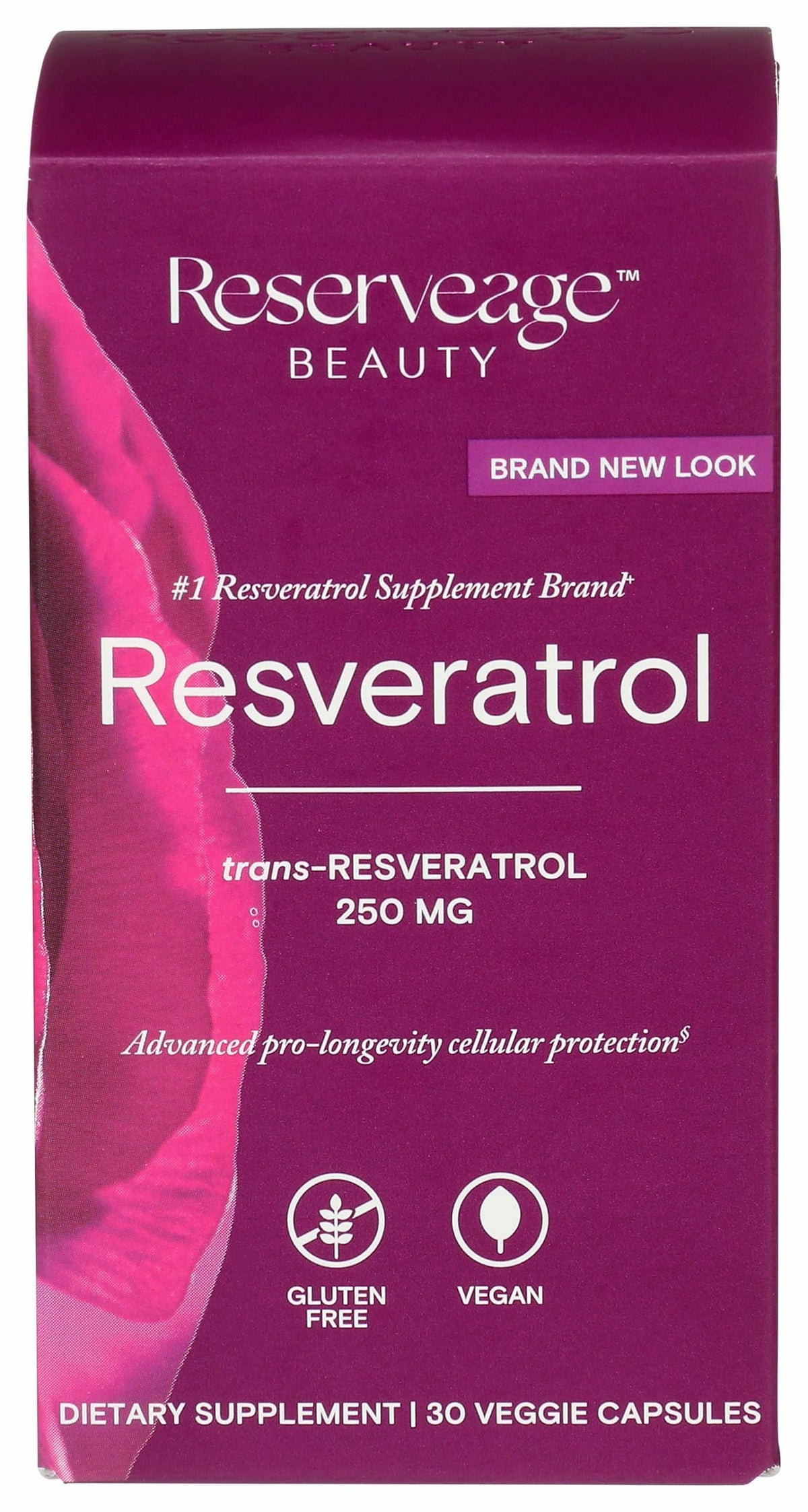 Reserveage Beauty Resveratrol 250 mg bottle with label highlighting antioxidant support