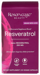 Reserveage Beauty Resveratrol 250 mg bottle with label highlighting antioxidant support
