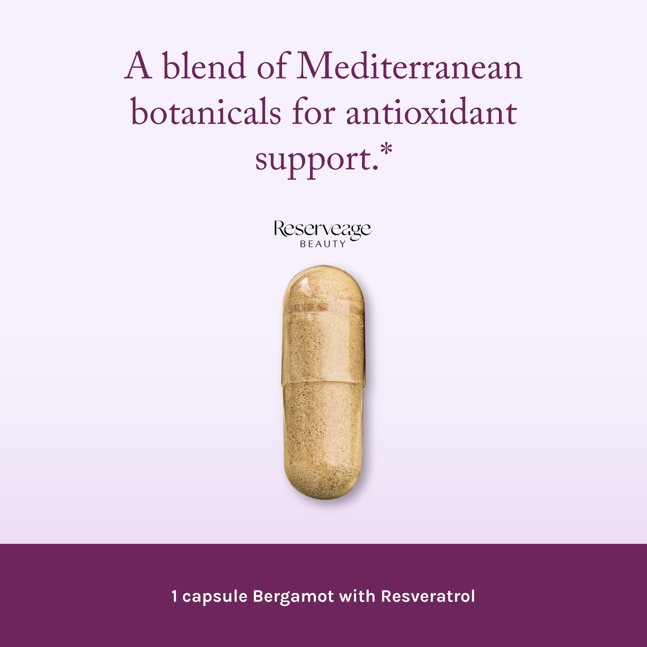 Reserveage Beauty Resveratrol antioxidant blend highlights a potent plant-based defense.