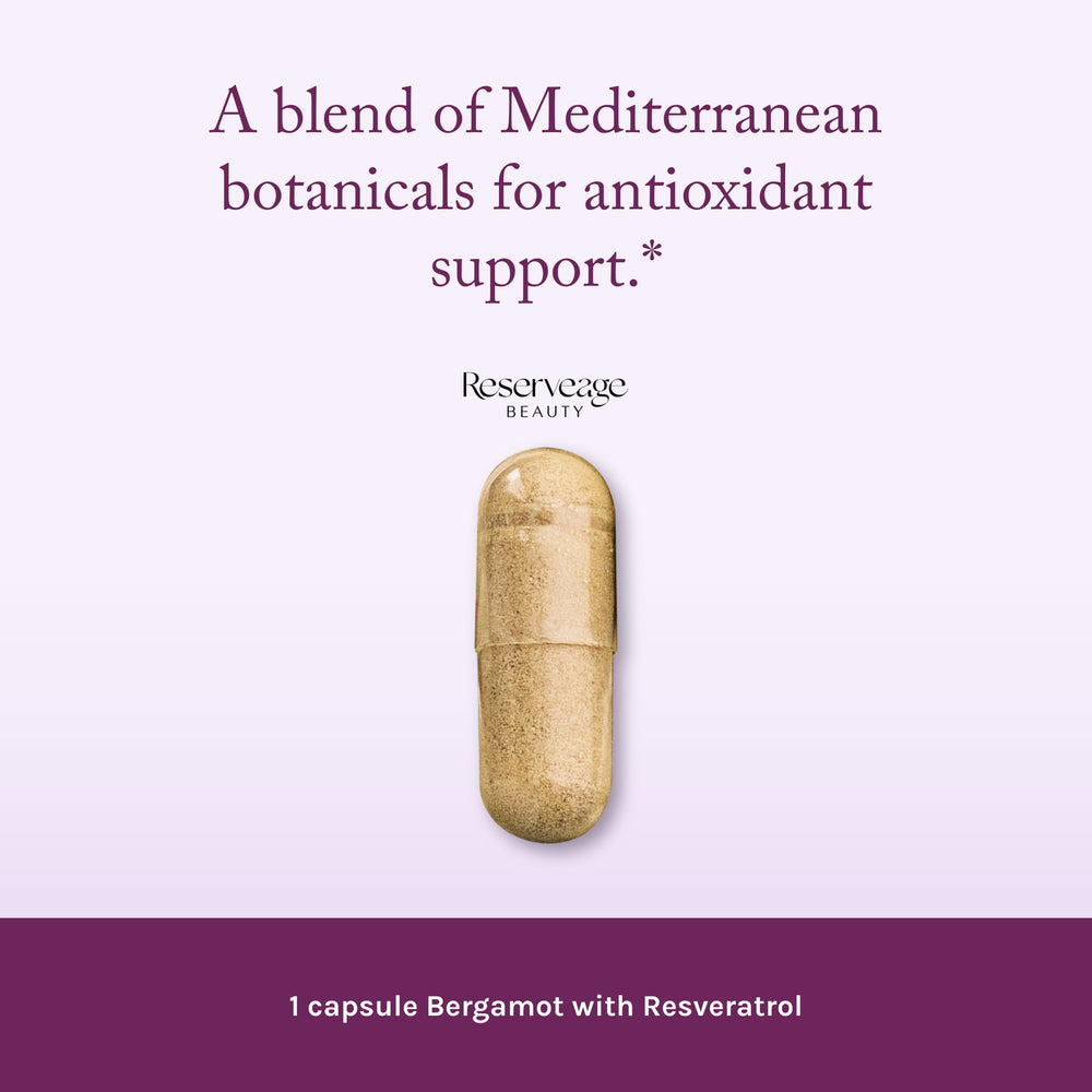 Reserveage Beauty Resveratrol antioxidant blend highlights a potent plant-based defense.